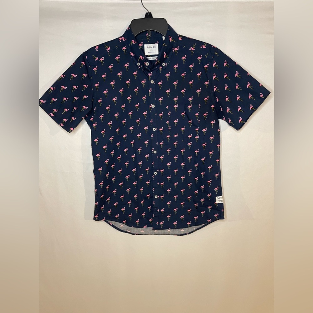 Public Art Mens Button Up, Size SM, Navy Blue with Pink Flamingos
